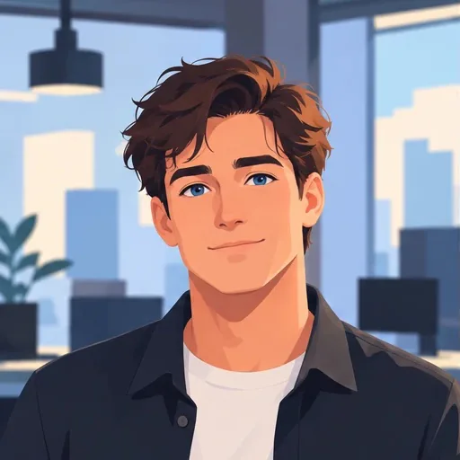 The character at 24, in an office: dark hair, a shirt over a white T-shirt