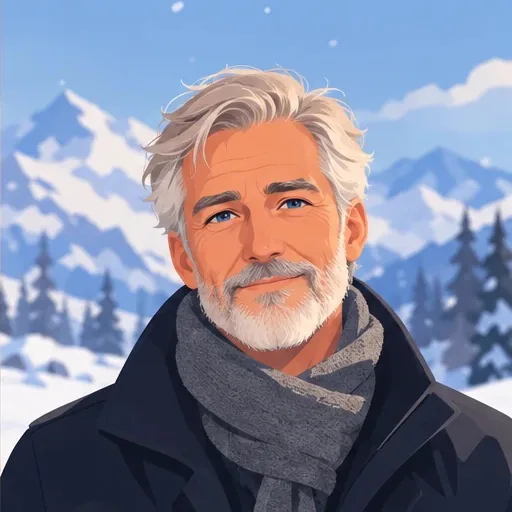 The same character at 70, in the snow: white hair and beard, a coat and a scarf