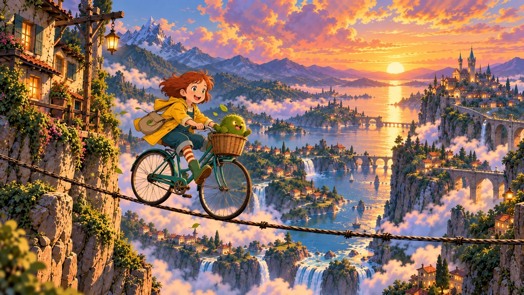 Mira rides the rope above the sky town, Pip in the basket.