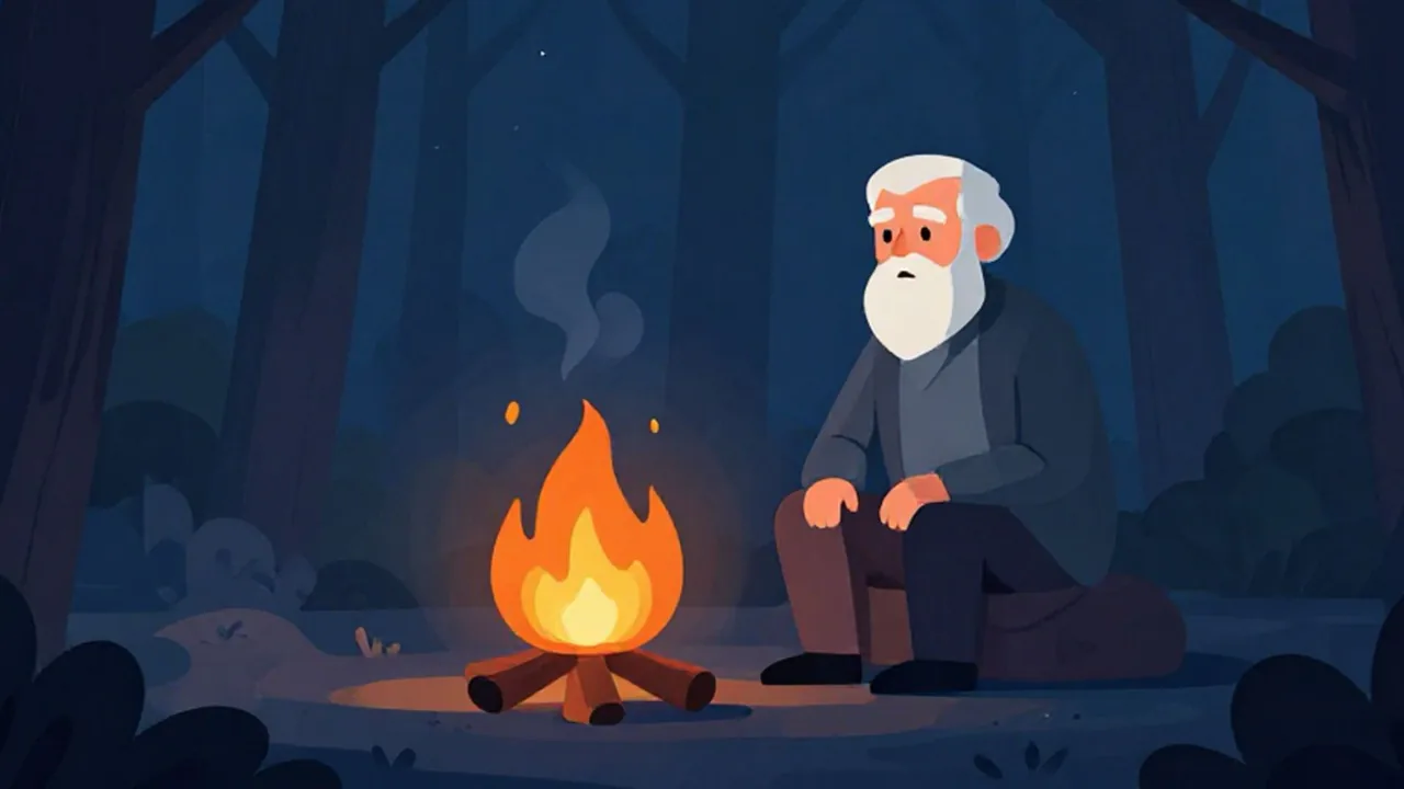 The same old man by the same campfire, rendered as flat vector art